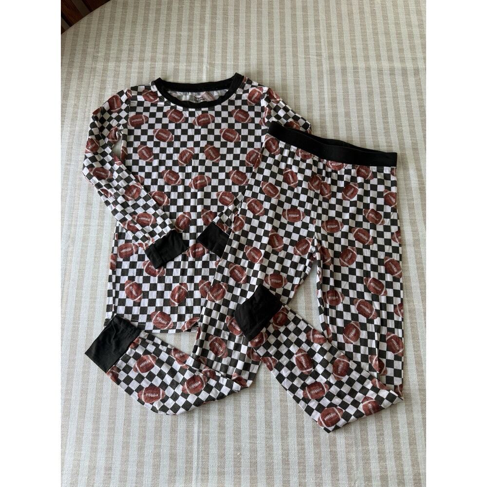 Dream Big Little Bamboo Pajamas Set 5/6T Football Checkerboard Two Piece GUC